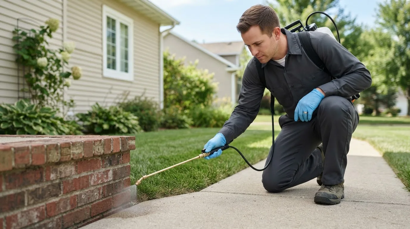 Pest control technician treating a home near Krum, TX